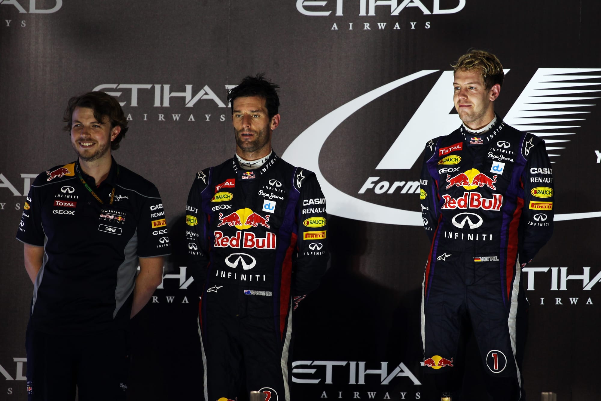 Gavin Ward, Mark Webber and Sebastian Vettel, Red Bull, F1
