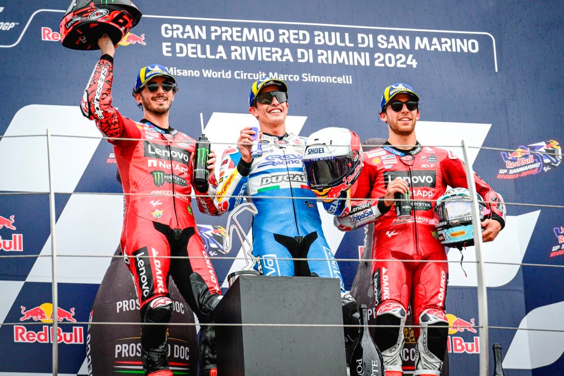 Pecco Bagnaia, Marc Márquez y Enea Bastianini, MotoGP