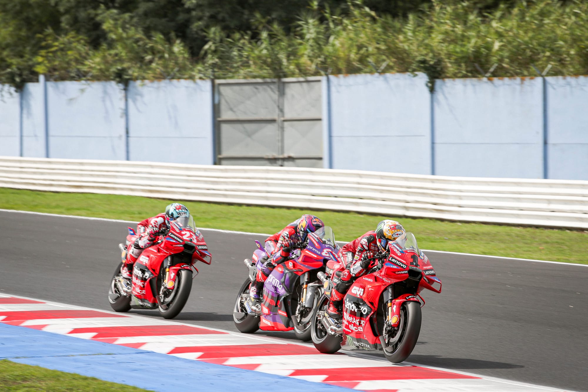 Pecco Bagnaia, Jorge Martin and Enea Bastianini battle during MotoGP's Emilia Romagna GP