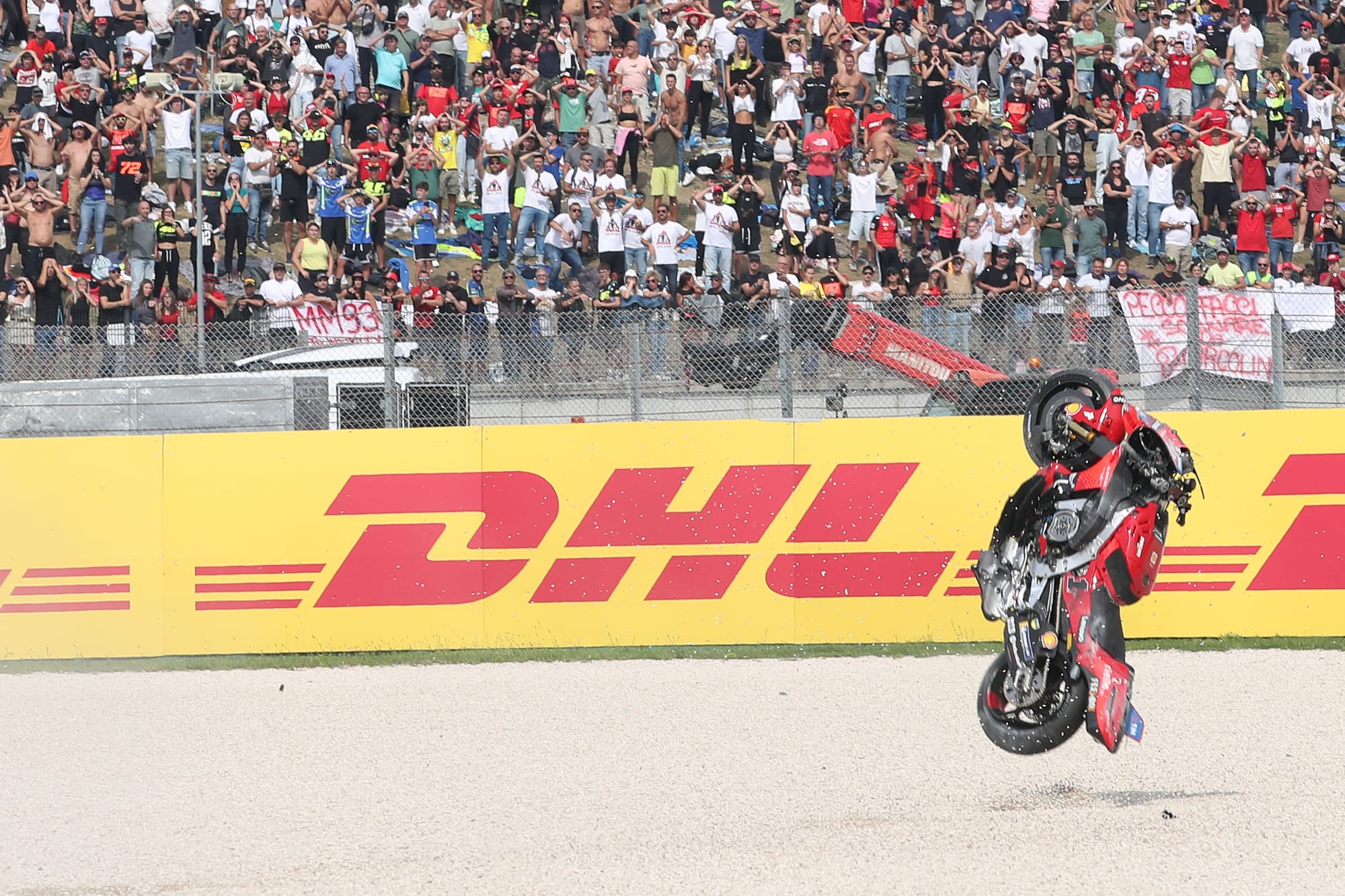 Pecco Bagnaia crashes at the 2024 MotoGP in Misano