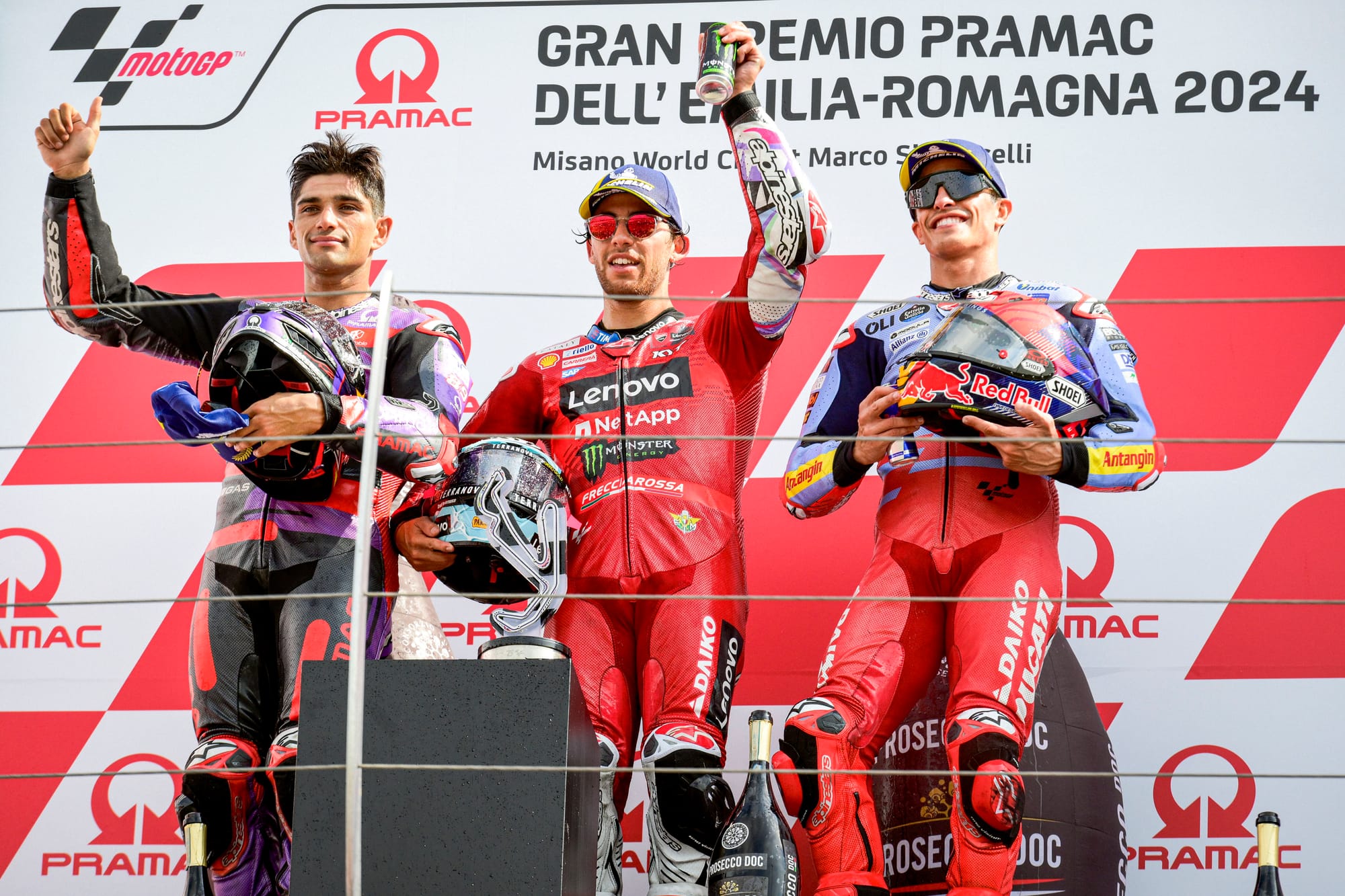 Jorge Martin, Enea Bastianini and Marc Marquez on the podium for the Emilia Romagna Grand Prix