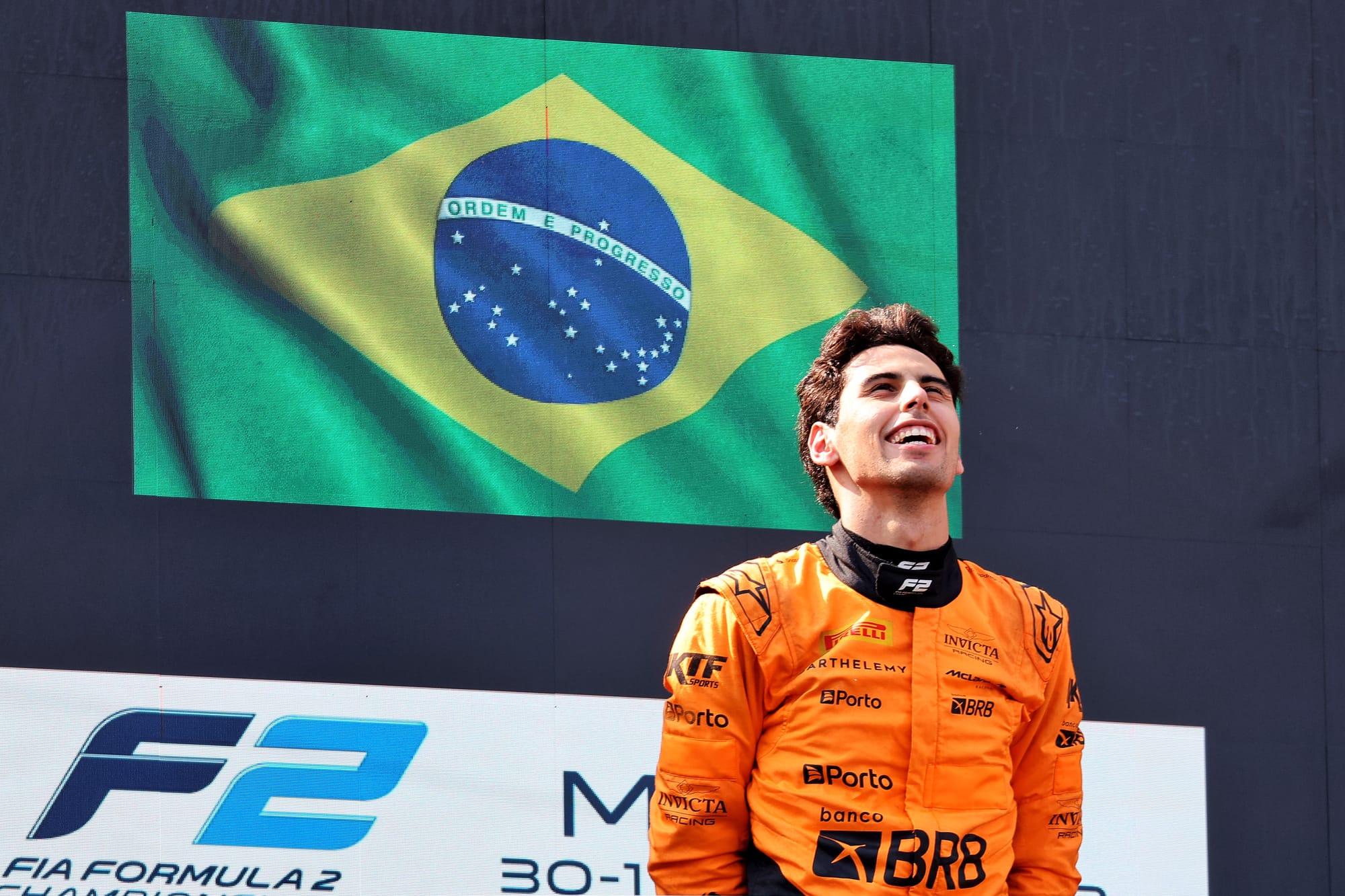 Gabriel Bortoleto on the podium at Monza, 2024