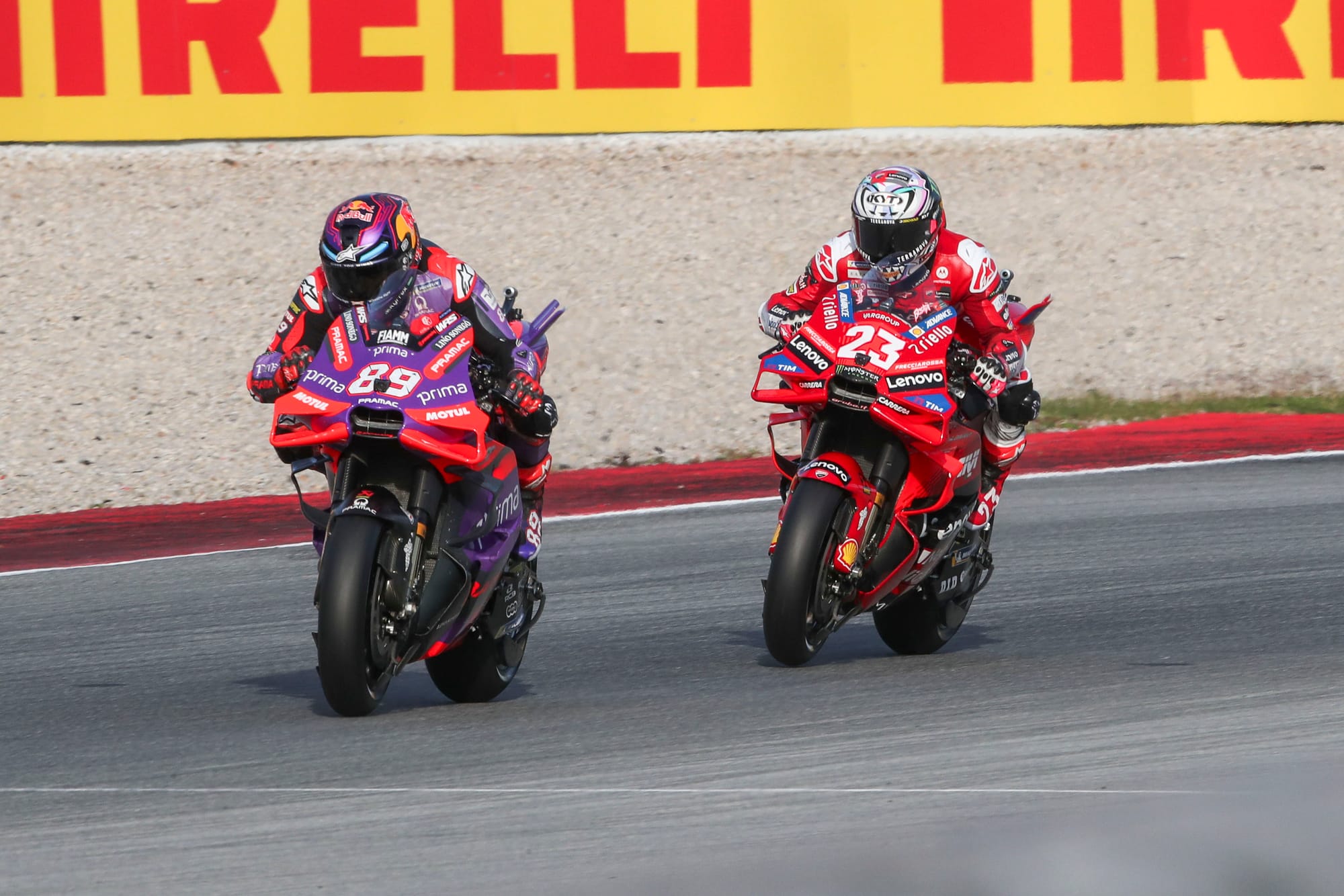 Jorge Martin and Enea Bastianini battle during the sprint race in Barcelona