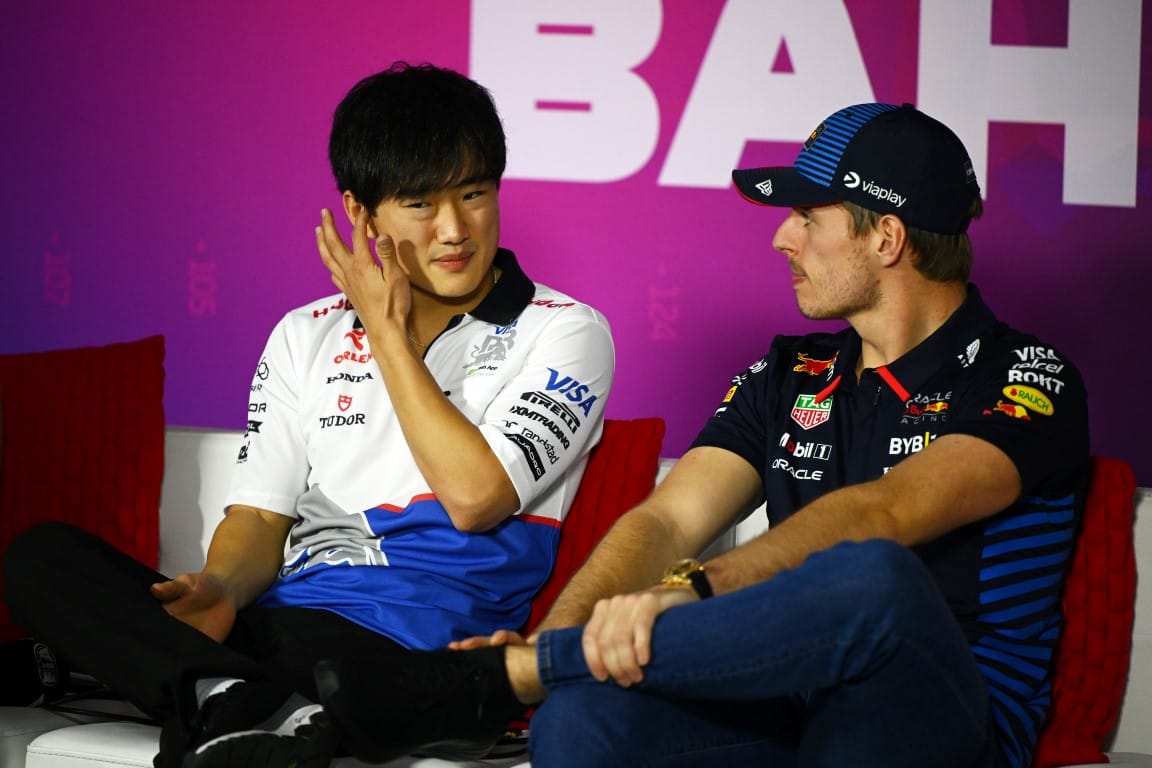 Yuki Tsunoda, RB, and Max Verstappen, Red Bull, F1