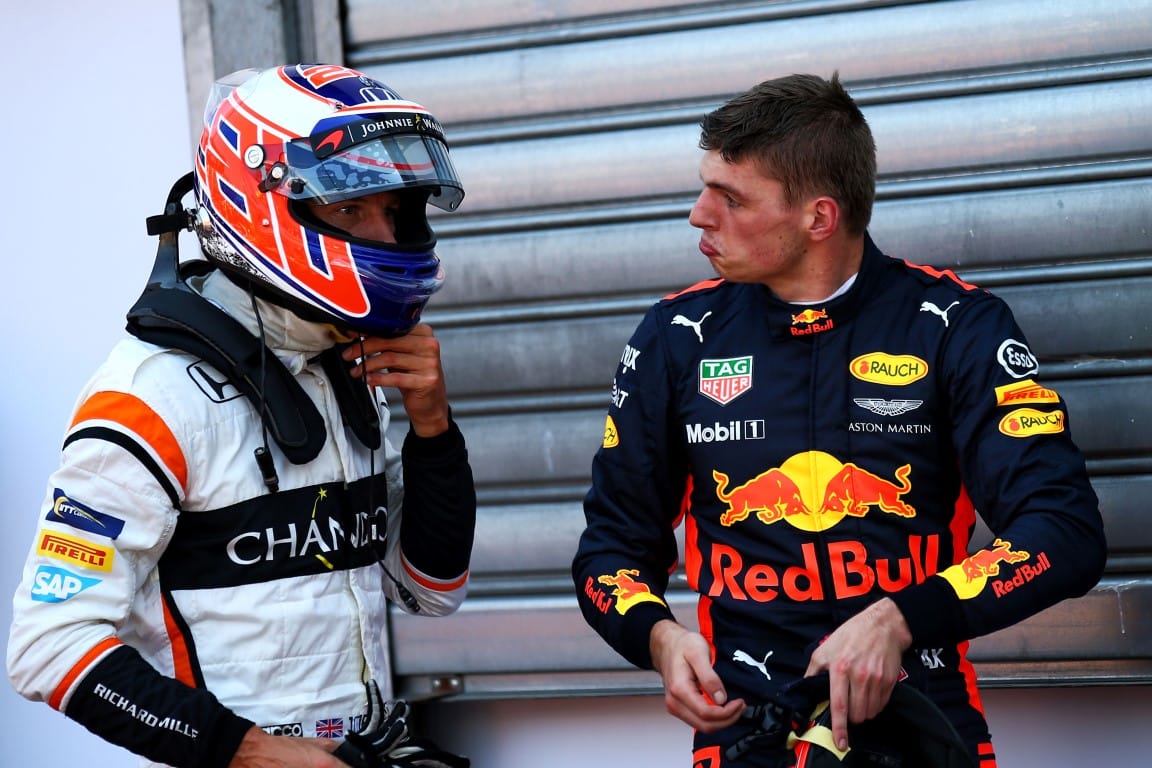 Jenson Button, McLaren, and Max Verstappen, Red Bull, F1