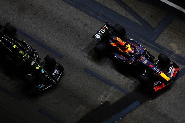 Lewis Hamilton, Mercedes, and Max Verstappen, Red Bull, F1