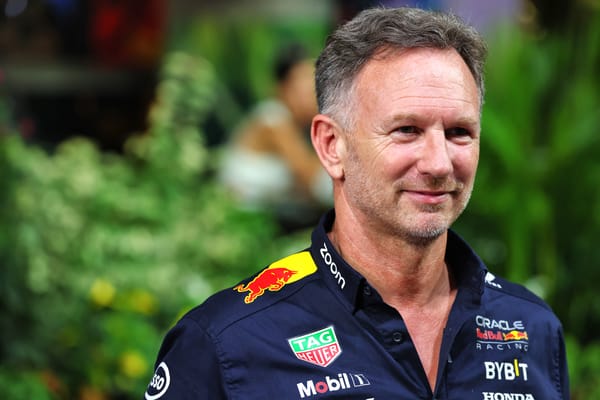 Image: Christian Horner looking into the distance with a background of trees