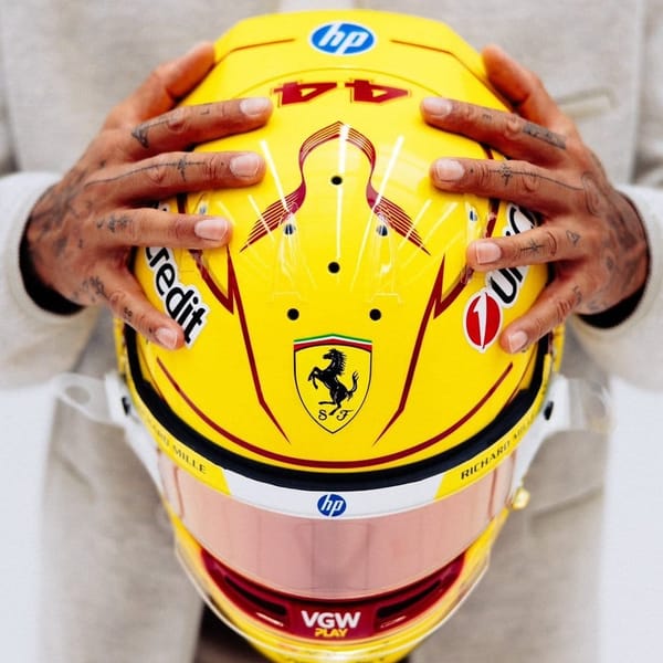 What does Lewis Hamilton's Ferrari F1 helmet look like?